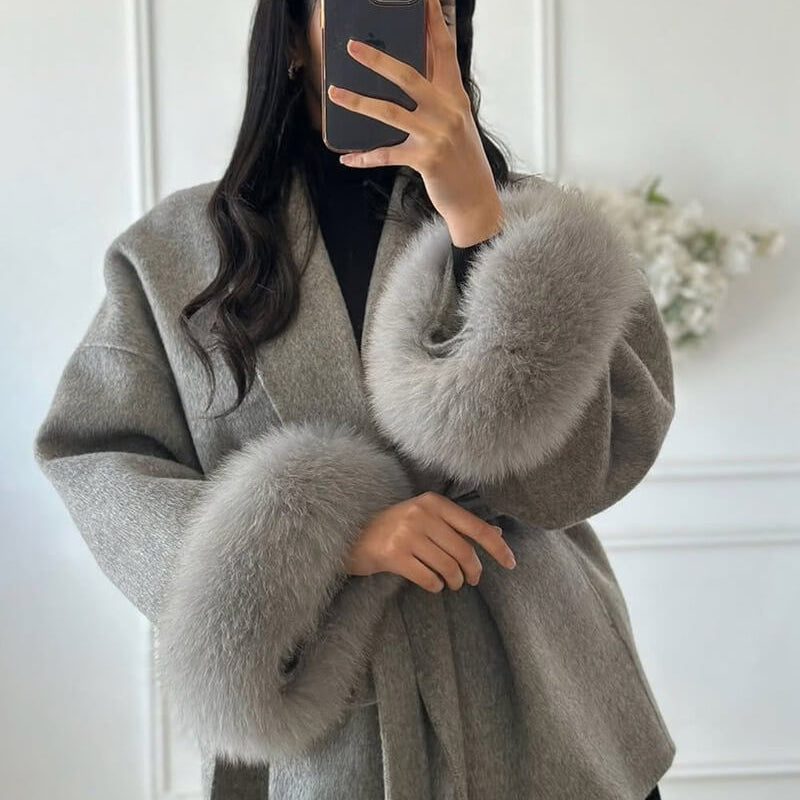 Women’s Faux Fur Trim Wrap Coat with Belt