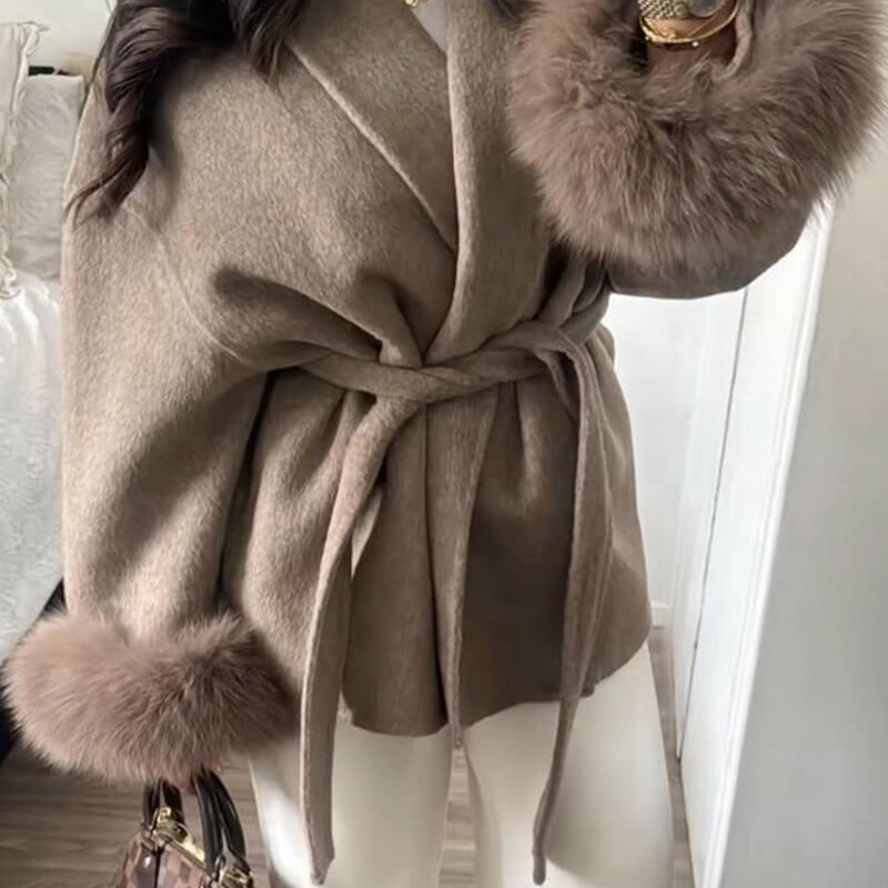 Women’s Faux Fur Trim Wrap Coat with Belt