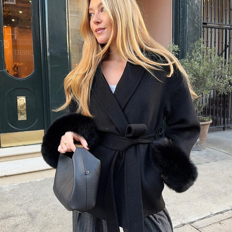 Women’s Faux Fur Trim Wrap Coat with Belt