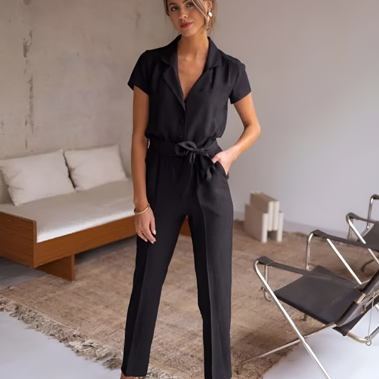 Women’s Elegant V-Neck Belted Short Sleeve Jumpsuit