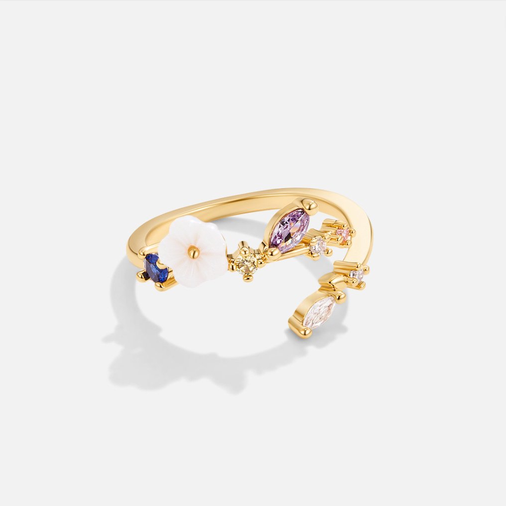 Women’s Gold Enamel Flower and Gemstone Adjustable Ring